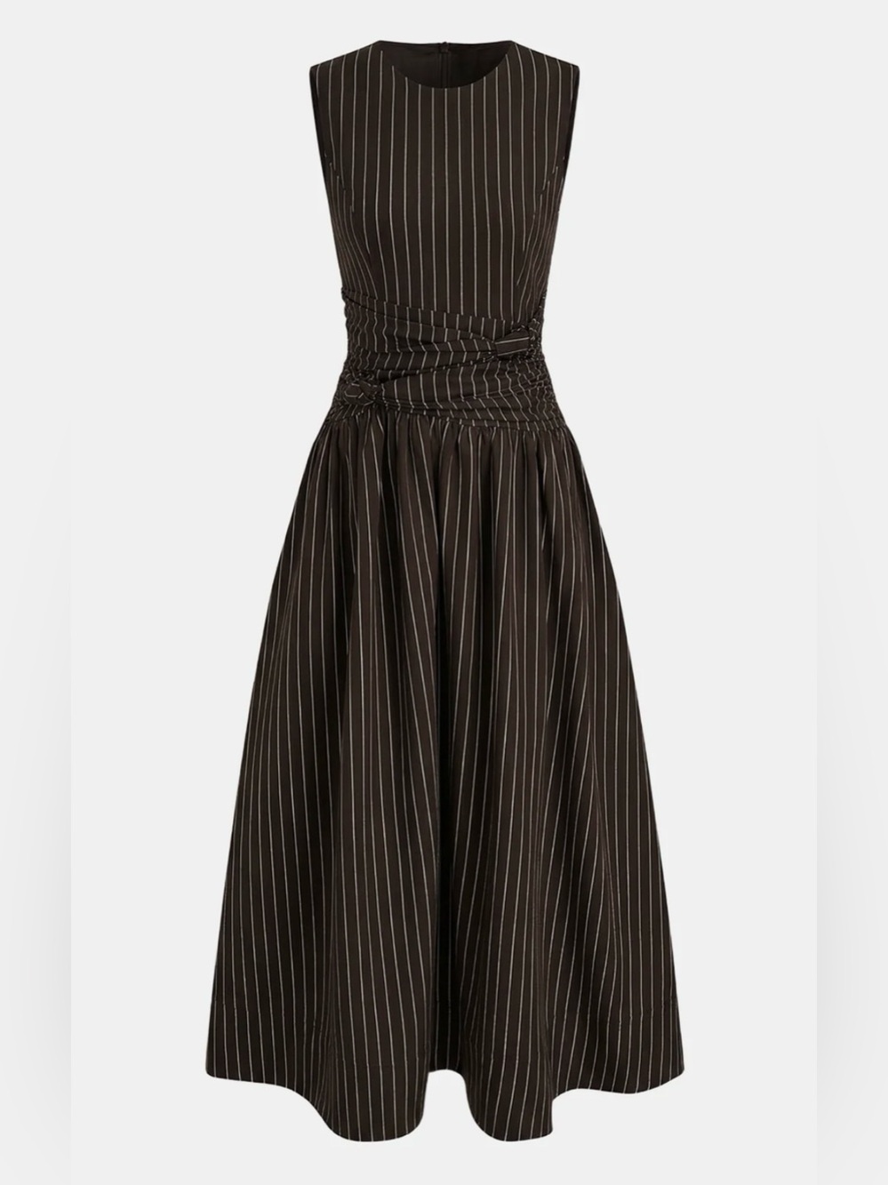 NWT Commense Sleeveless Brown Pinstripe Midi Dress with Ruched Waist